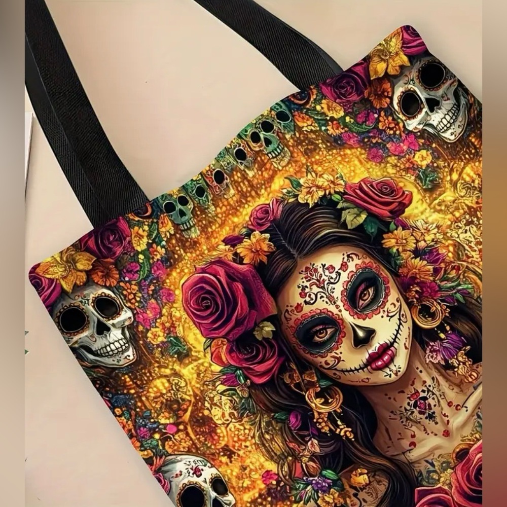 Day of the Dead Skull Girl Floral Print Reusable Shoulder Tote Bag New - Picture 4 of 5
